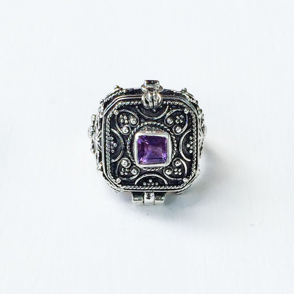Amethyst Square Poison Box Silver Ring