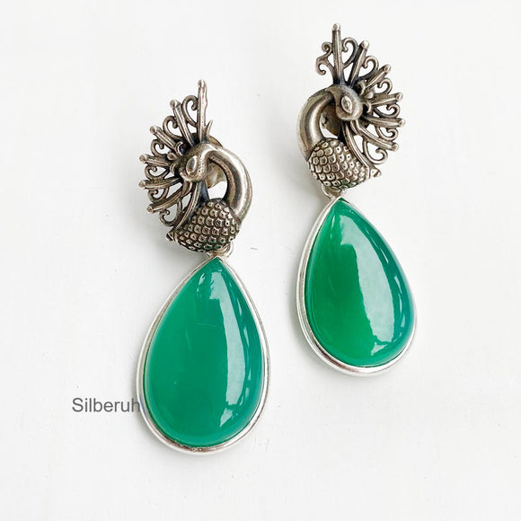 Green Onyx Peacock Drop Silver Earring