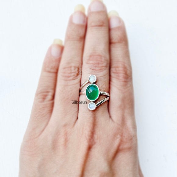 Green Onyx & Rainbow Moonstone Silver Ring