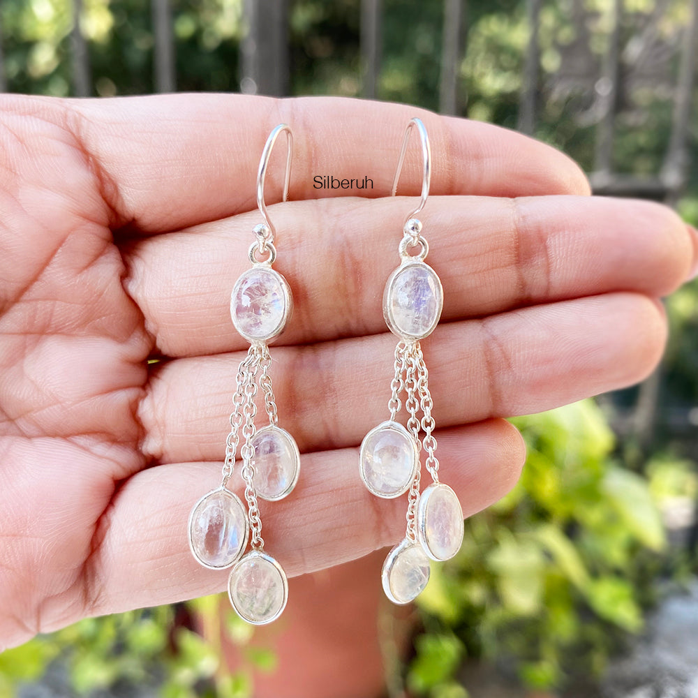 Natural Gemstones Moonstone Earrings Drop Rainbow Moonstone Chain