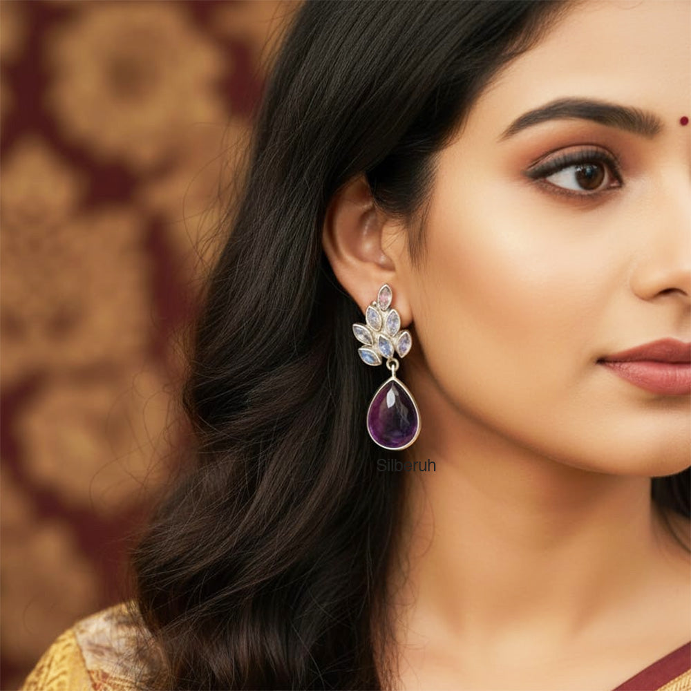 Rainbow Moonstone Amethyst Silver Earring – SILBERUH - Main Image