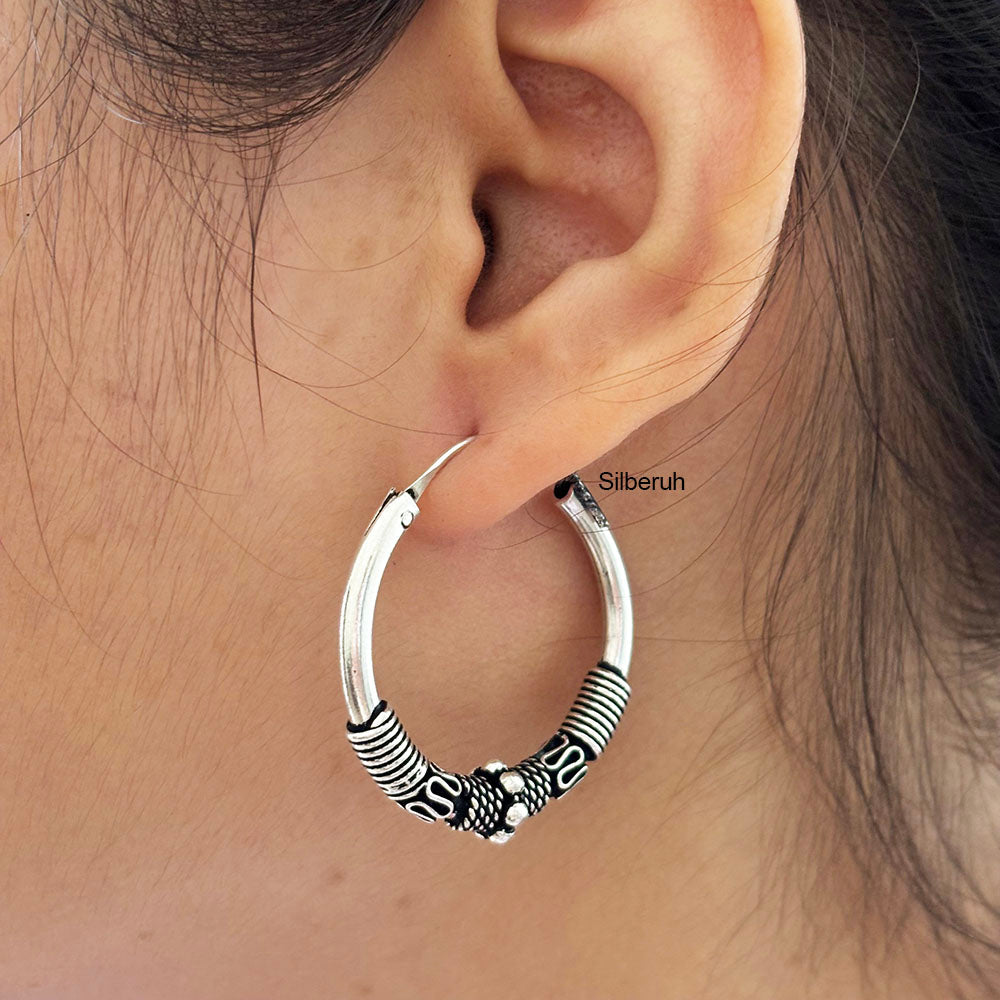 Silver Tribal Bali Hoop Earring