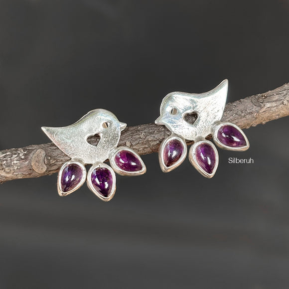 Amethyst 925 Silver Bird Stud Earrings – Natural Amethyst Stone