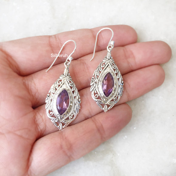 Amethyst Facetted Silver Carved Earring