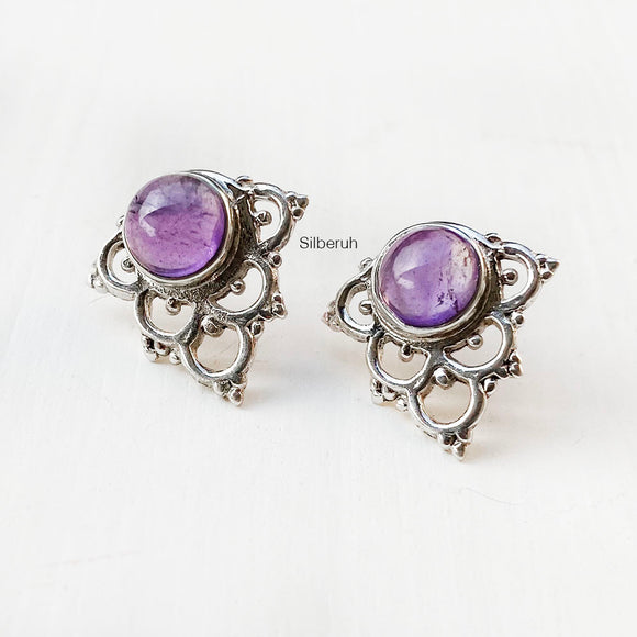 Amethyst Tribal Silver Stud Earring