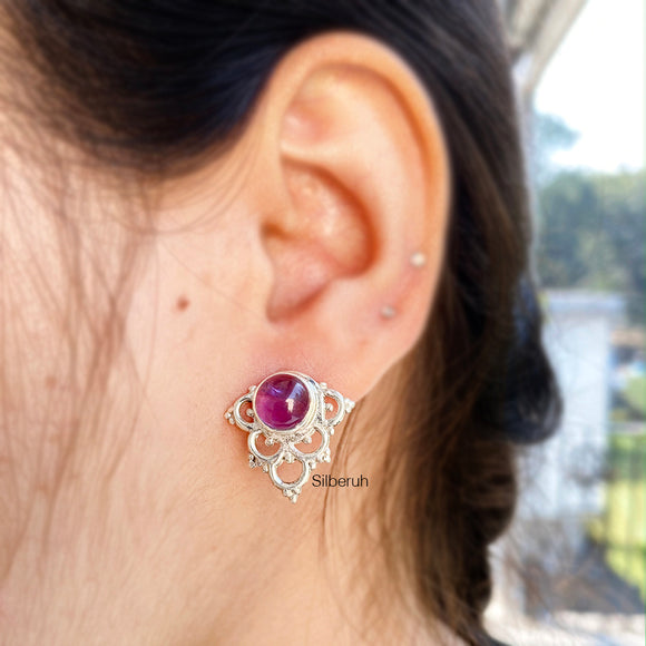 Amethyst Tribal Silver Stud Earring