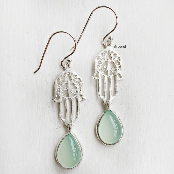 Aqua Chalcedony Hamsa Silver Earring