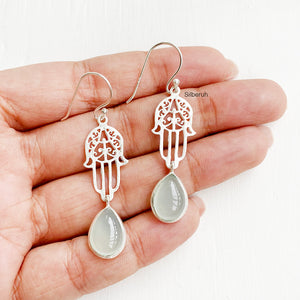 Aqua Chalcedony Hamsa Silver Earring