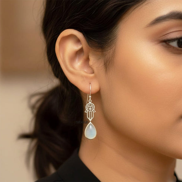 925 Silver Aqua Chalcedony Hamsa Earrings Front View