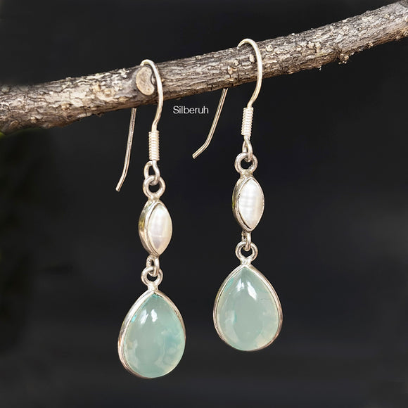 Aqua Chalcedony & Mother of Pearl Silver Earring