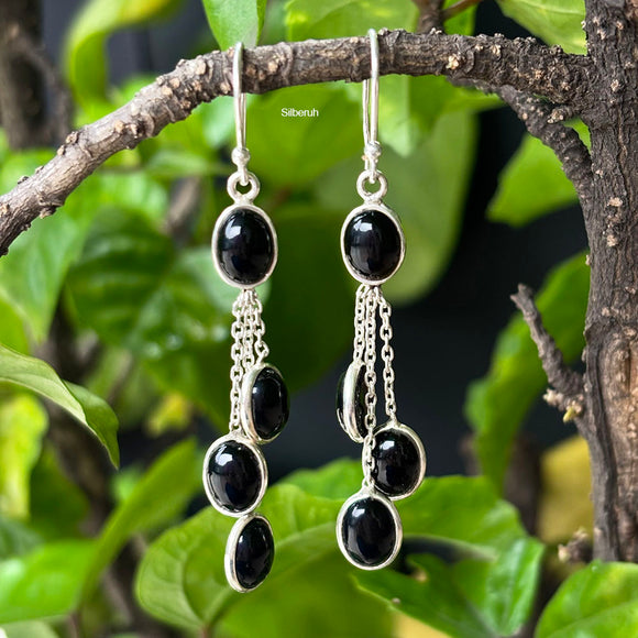 925 Silver Black Onyx Chain Earrings for Women