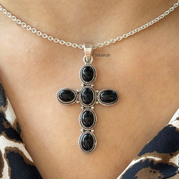 Black Onyx Cross Silver Pendant