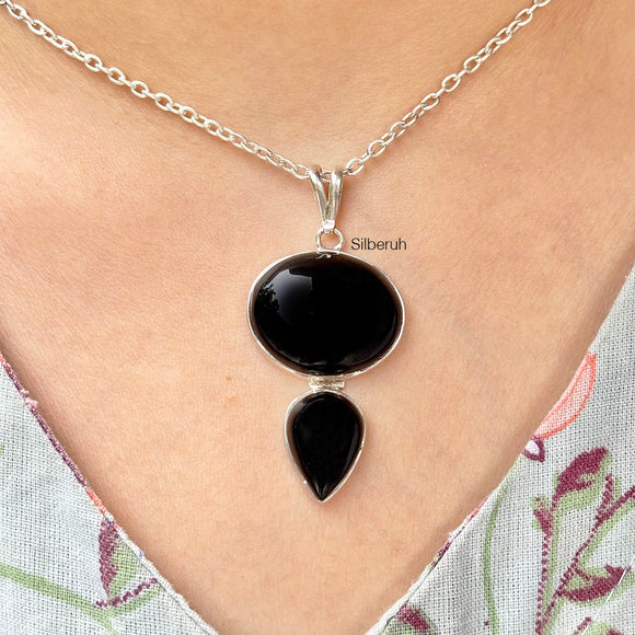 Black Onyx Double Stone Silver Pendant