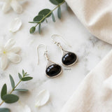 925 sterling silver oval drop black stone earrings