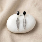 Natural Black Onyx feather earrings in polished sterling silver