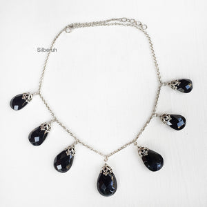 Black Onyx Filigree Drop Silver Necklace