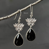 925 silver Black Onyx lotus drop earrings for women – natural gemstone jewellery