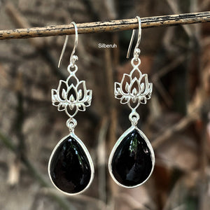 Black Onyx Lotus Silver Earring