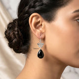 925 Silver Black Onyx Lotus Drop Earrings