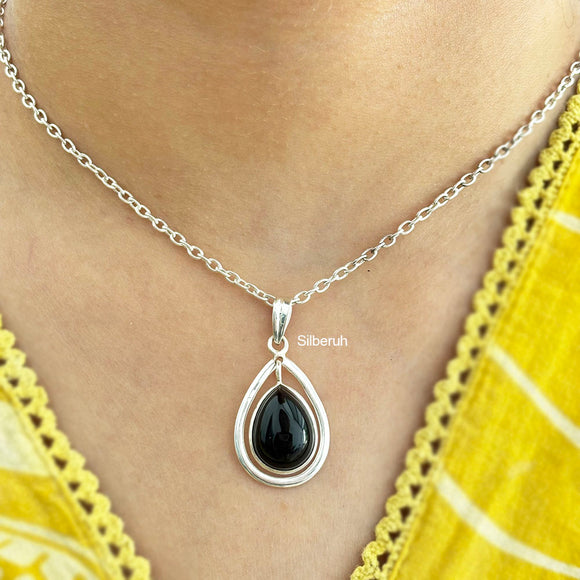 Black Onyx Silver Drop Pendant