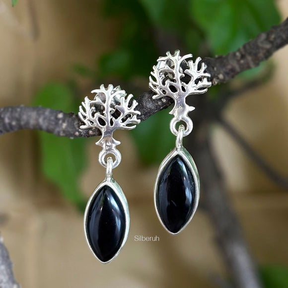 Black Onyx Tree Silver Drop Earring