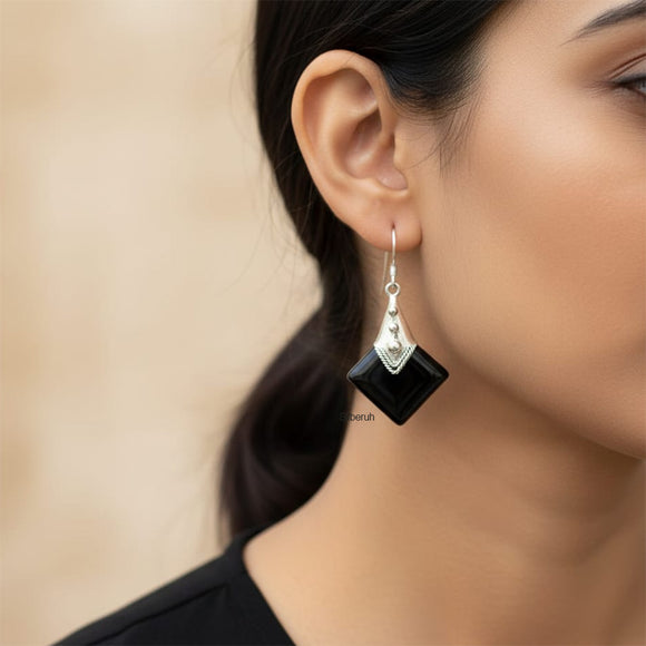 Black Onyx Tribal Silver Earring