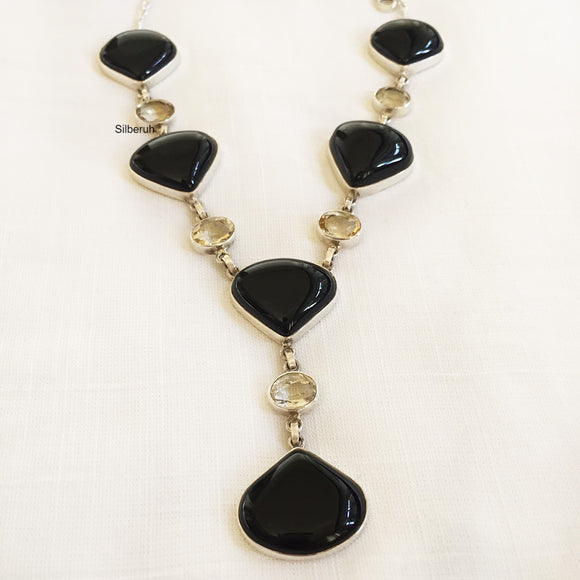 Black Onyx & Citrine Silver Necklace