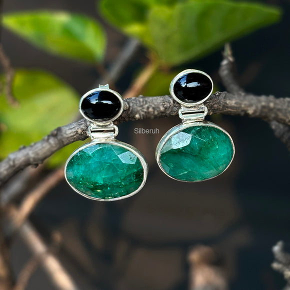Black Onyx & Green Ropada Silver Earring