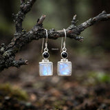 925 Silver Black Onyx and Rainbow Moonstone Earrings with natural gemstones