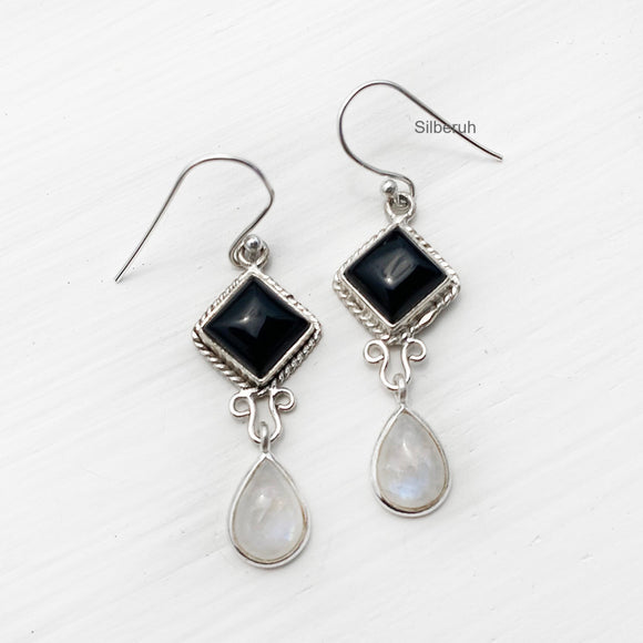 Black Onyx & Rainbow Moonstone Silver Earring