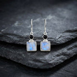 Black Onyx and Rainbow Moonstone drop earrings in 925 Sterling Silver