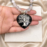 Black Onyx & Vein Agate Tree of Life Silver Necklace