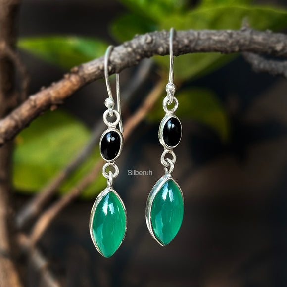 Black & Green Onyx Silver Earring