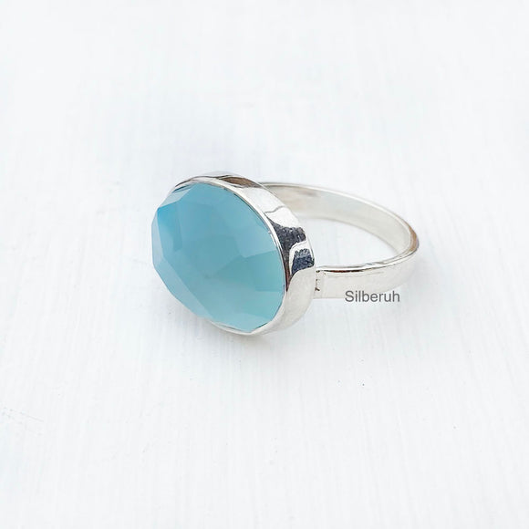 Blue Chalcedony Facetted Silver Ring