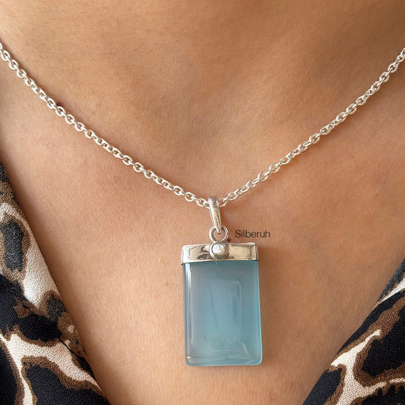 Blue Chalcedony & Pearl Silver Pendant