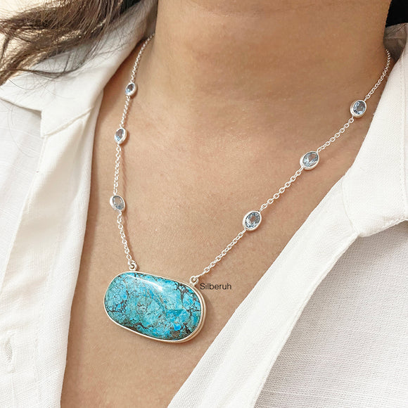 Natural Turquoise & Blue Topaz Silver Necklace