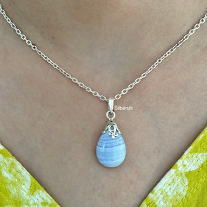 Blue Lace Agate Drop Silver Pendant
