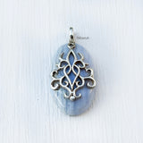 Blue Lace Agate Filigree Silver Pendant