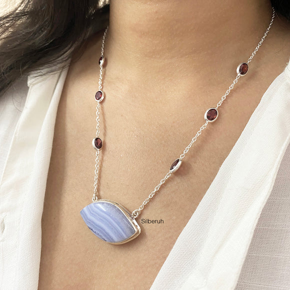 Blue Lace Agate & Garnet Silver Necklace