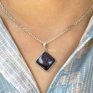 Blue Sunstone Diamond Silver Pendant