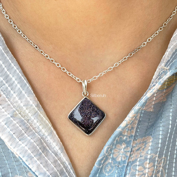 Blue Sunstone Diamond Silver Pendant