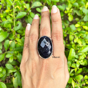 Blue Sunstone Facetted Silver Adjustable Ring