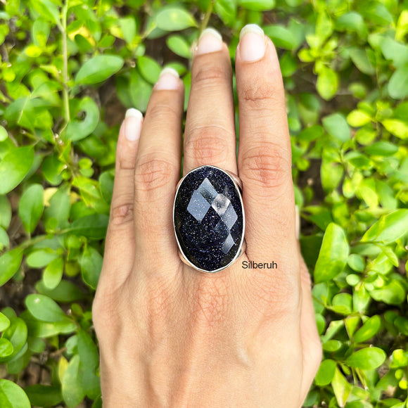 Blue Sunstone Facetted Silver Adjustable Ring