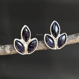 Blue Sunstone Leaf Stud Earrings in 925 Sterling Silver