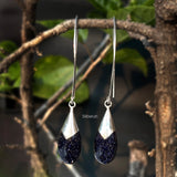 Blue Sunstone Long Hook Drop Silver Earring