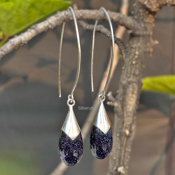 Blue Sunstone Long Hook Drop Silver Earring