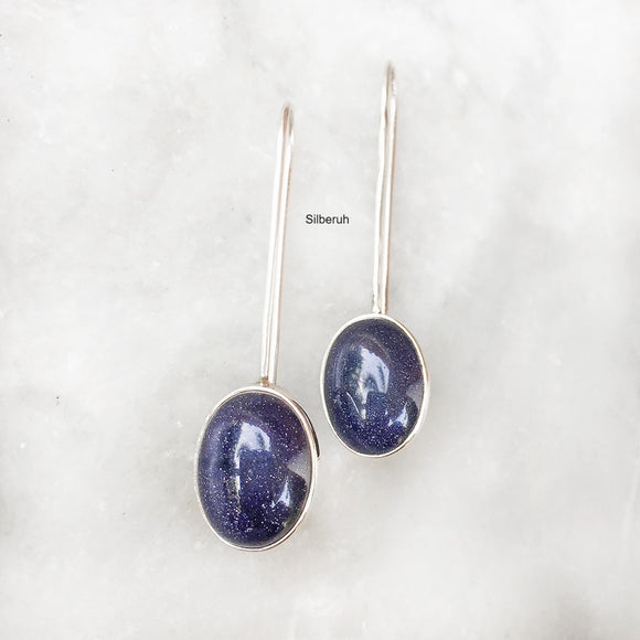 Blue Sunstone Long Hook Silver Earring