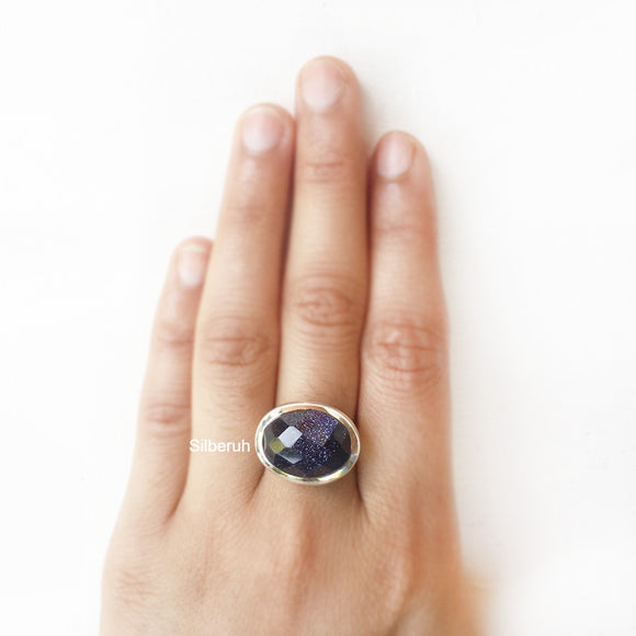 Blue Sunstone Matka Silver Ring