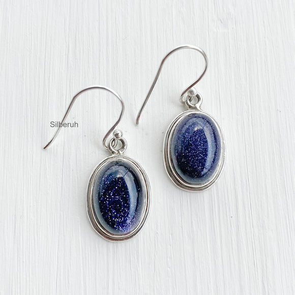 Blue Sunstone Oval Silver Earring