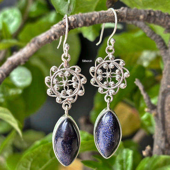 Blue Sunstone Phool earrings in sterling silver hanging